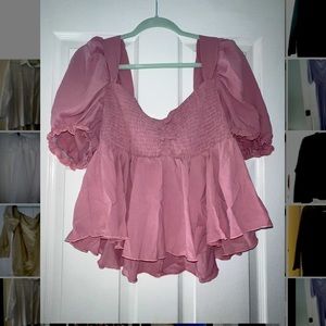 Pink ruched top with puff sleeve